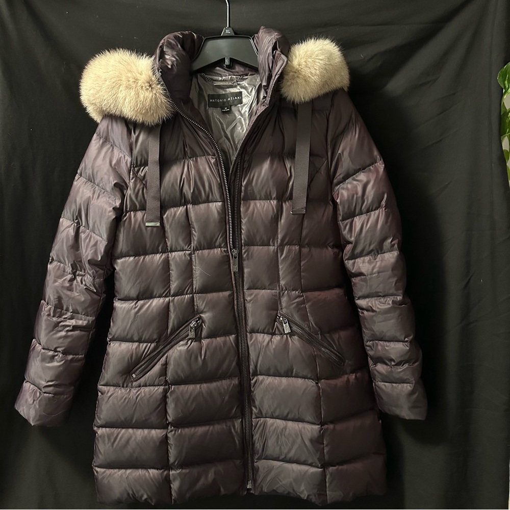 ANTONIO MELANI Women's Brown Puffer Jacket with Fur Hood